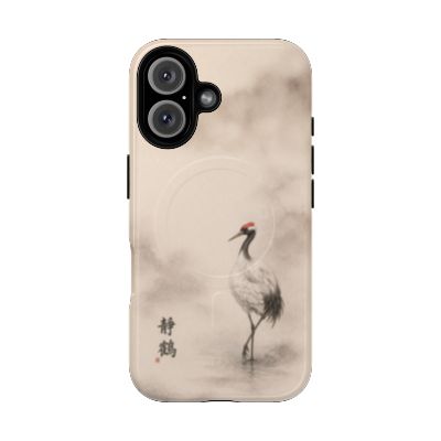 Serene Crane iPhone 16 case – Japanese ink crane artwork, neutral minimalist aesthetic, durable dual-layer protective phone case