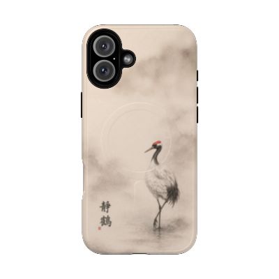Serene Crane iPhone 16 Plus case – Japanese ink crane artwork, neutral minimalist aesthetic, durable dual-layer protective phone case