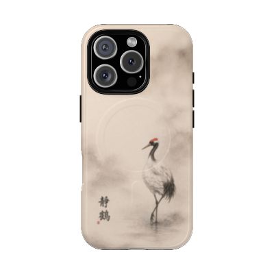 Serene Crane iPhone 16 Pro case – minimalist crane illustration, lightweight slim phone case, soft neutral tones, aesthetic protective cover