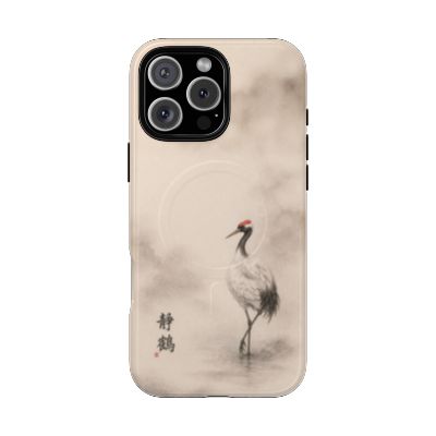 Serene Crane iPhone 16 Pro Max case – minimalist Japanese crane design, soft neutral aesthetic, slim protective phone case, elegant nature-inspired artwork