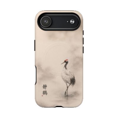 Serene Crane iPhone 17 Air case – minimalist crane illustration, lightweight slim phone case, soft neutral tones, aesthetic protective cover