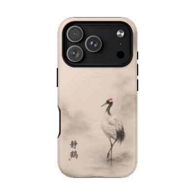 Serene Crane iPhone 17 Pro case – Japanese ink crane artwork, neutral minimalist aesthetic, durable dual-layer protective phone case