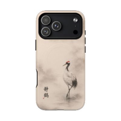 Serene Crane iPhone 17 Pro Max case – minimalist Japanese crane design, soft neutral aesthetic, slim protective phone case, elegant nature-inspired artwork