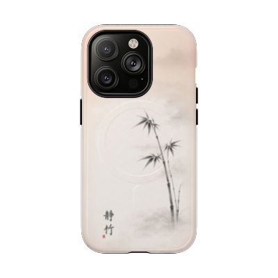 Still Bamboo iPhone 14 Pro case – minimalist Japanese bamboo design, soft neutral tones, slim protective phone case, calming zen-inspired artwork