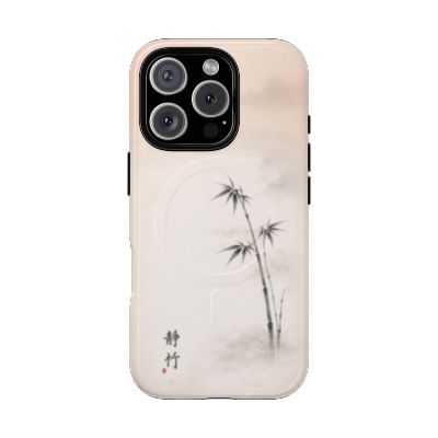 Still Bamboo iPhone 16 Pro case – minimalist Japanese bamboo design, soft neutral tones, slim protective phone case, calming zen-inspired artwork