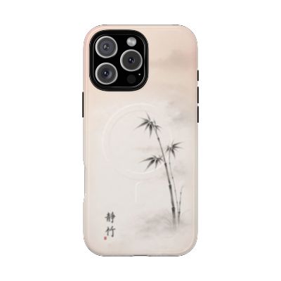 Still Bamboo iPhone 16 Pro Max case – Japanese ink bamboo artwork, neutral zen aesthetic, durable dual-layer protective phone case