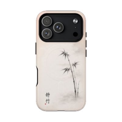 Still Bamboo iPhone 17 Pro case – Japanese ink bamboo artwork, neutral zen aesthetic, durable dual-layer protective phone case