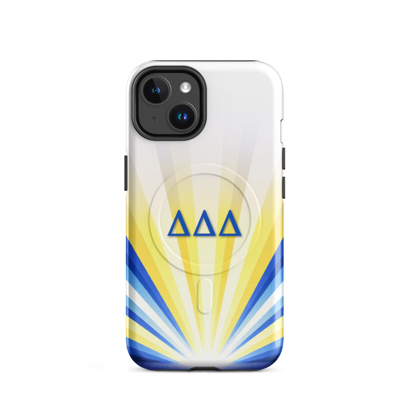 Delta Delta Delta Radiant Sunburst MagSafe case for iPhone 14 in white and yellow with blue DDD Greek letters and sunburst design