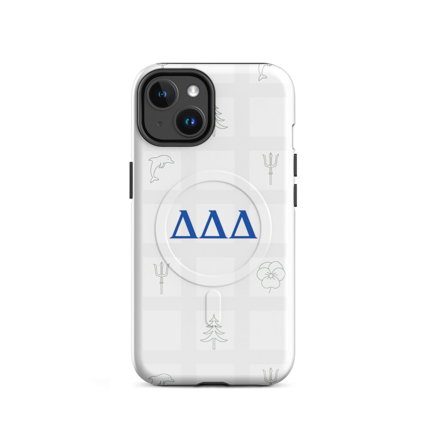 White checkered Tri Delta iPhone 14 phone case featuring sorority symbols - dolphin, trident, pansy, and pine - with MagSafe charging compatibility