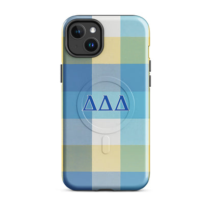 DDD sorority iPhone 14 Plus MagSafe case in signature blue and yellow plaid - perfect for sisters and chapter events
