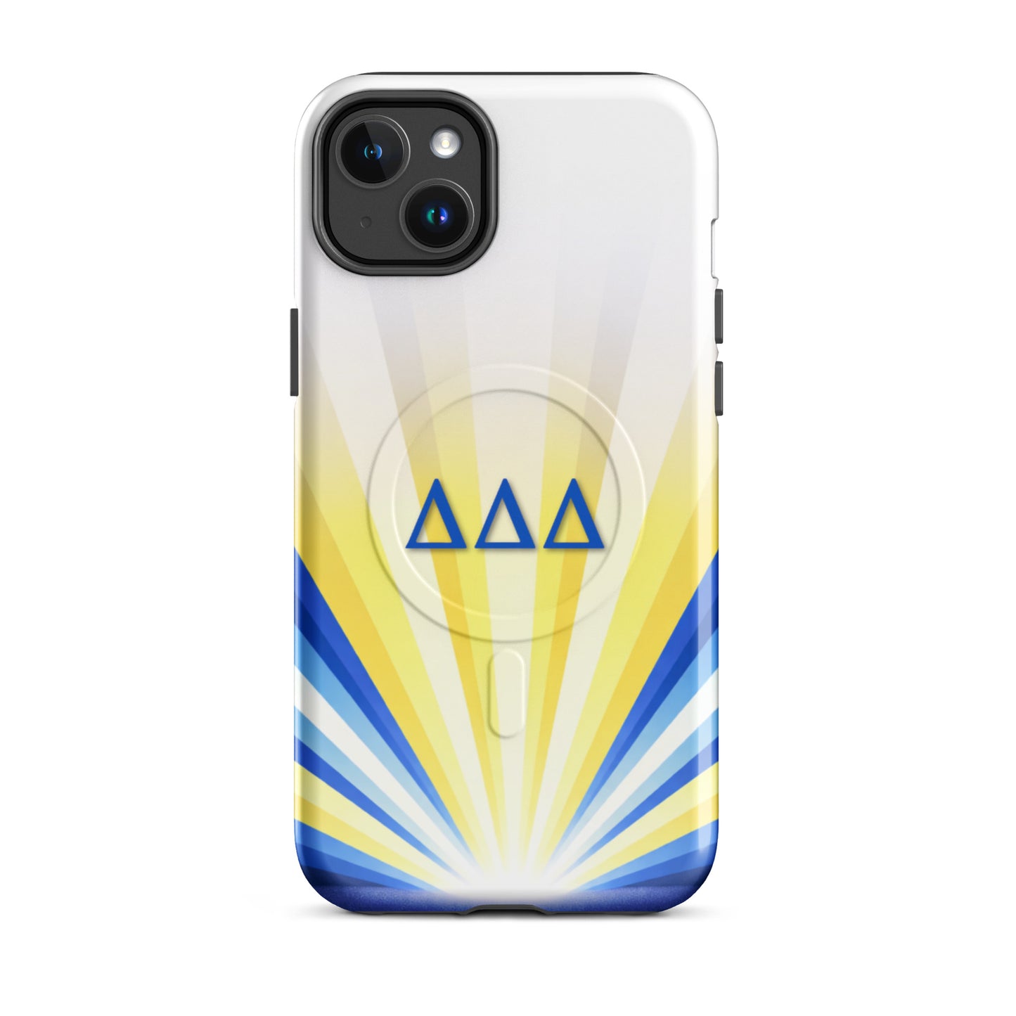 DDD sorority iPhone 14 Plus phone case – Tri Delta Radiant Sunburst design with MagSafe compatibility