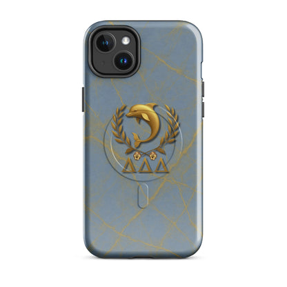 Tri Delt sorority iPhone 14 Plus MagSafe case with the golden dolphin crest and pansies - honoring the timeless traditions of Delta Delta Delta sisterhood