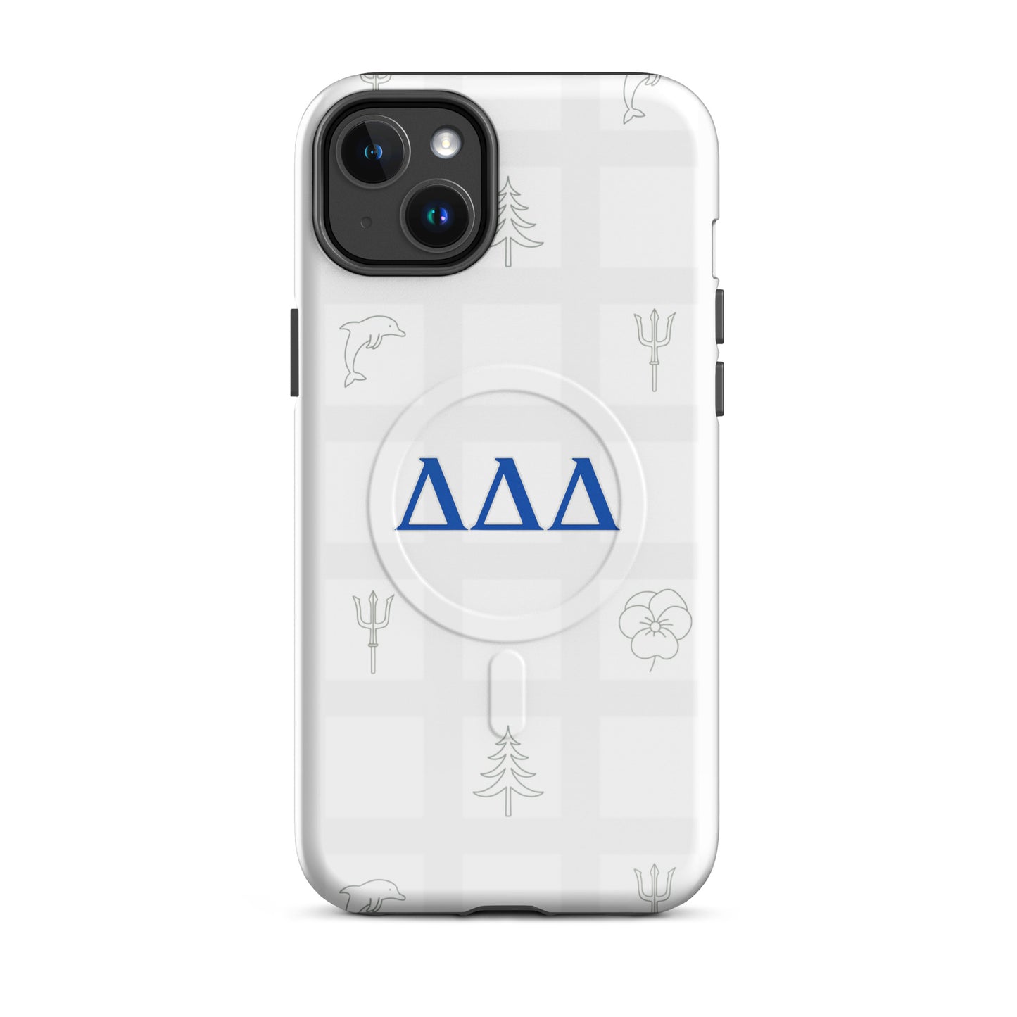 DDD sorority iPhone 14 Plus MagSafe case with subtle blue Delta Delta Delta letters and signature Greek symbols