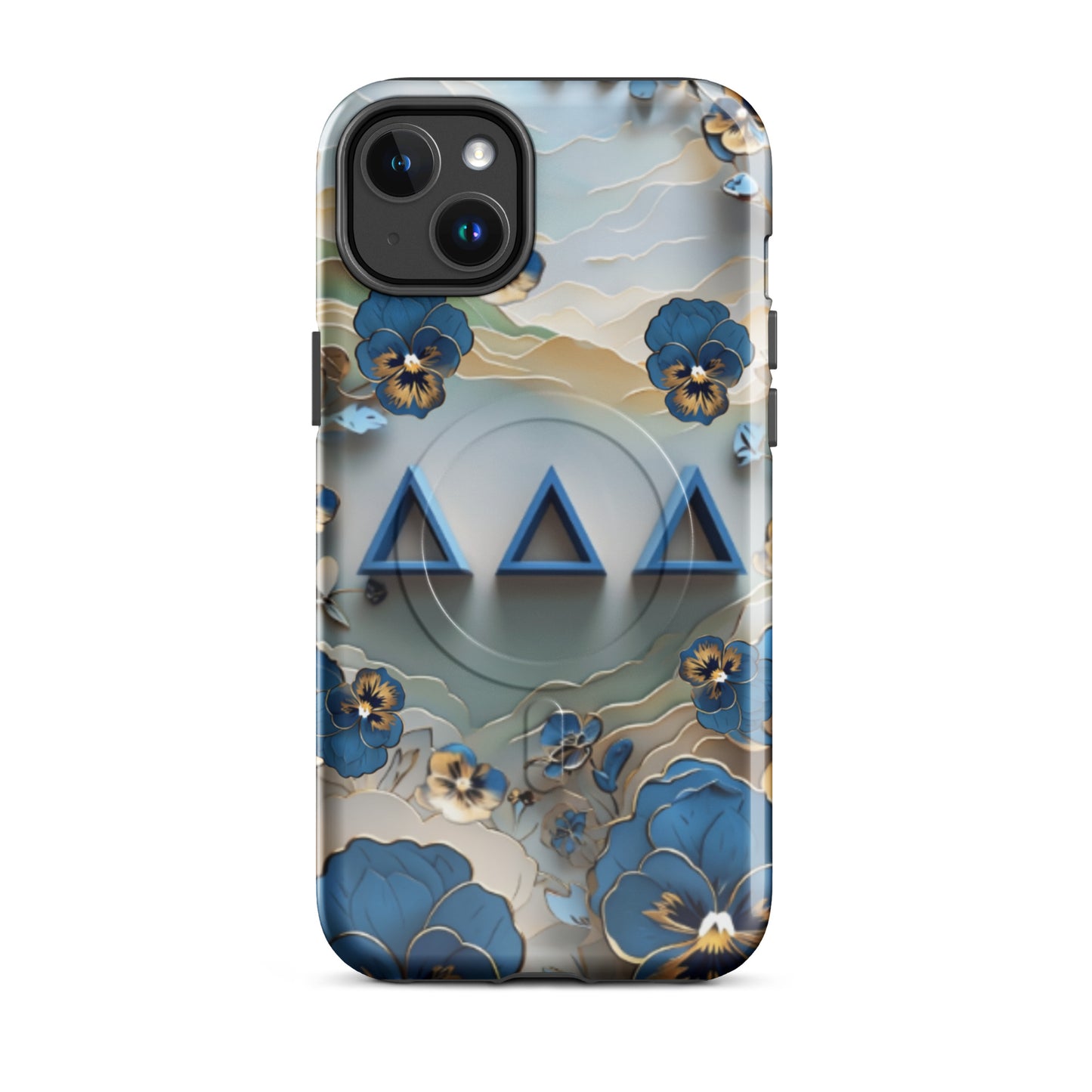 Blue, gold, and cream Origami Pansy Tri Delta iPhone 14 Plus phone case with DDD Greek letters and MagSafe charging compatibility