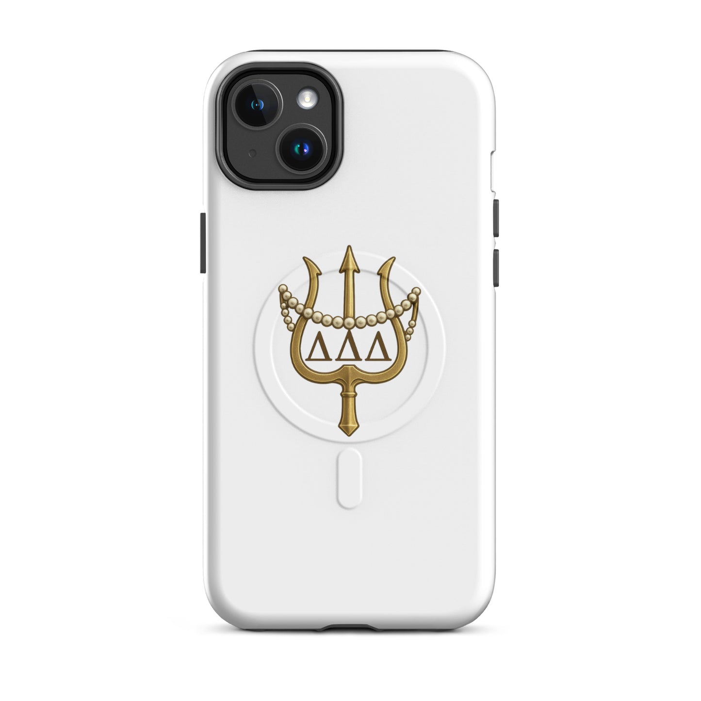 Tri Delt sorority iPhone 14 Plus MagSafe case with classic gold trident and pearls - a refined design honoring Delta Delta Delta tradition