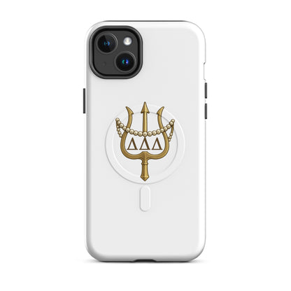 Tri Delt sorority iPhone 14 Plus MagSafe case with classic gold trident and pearls - a refined design honoring Delta Delta Delta tradition