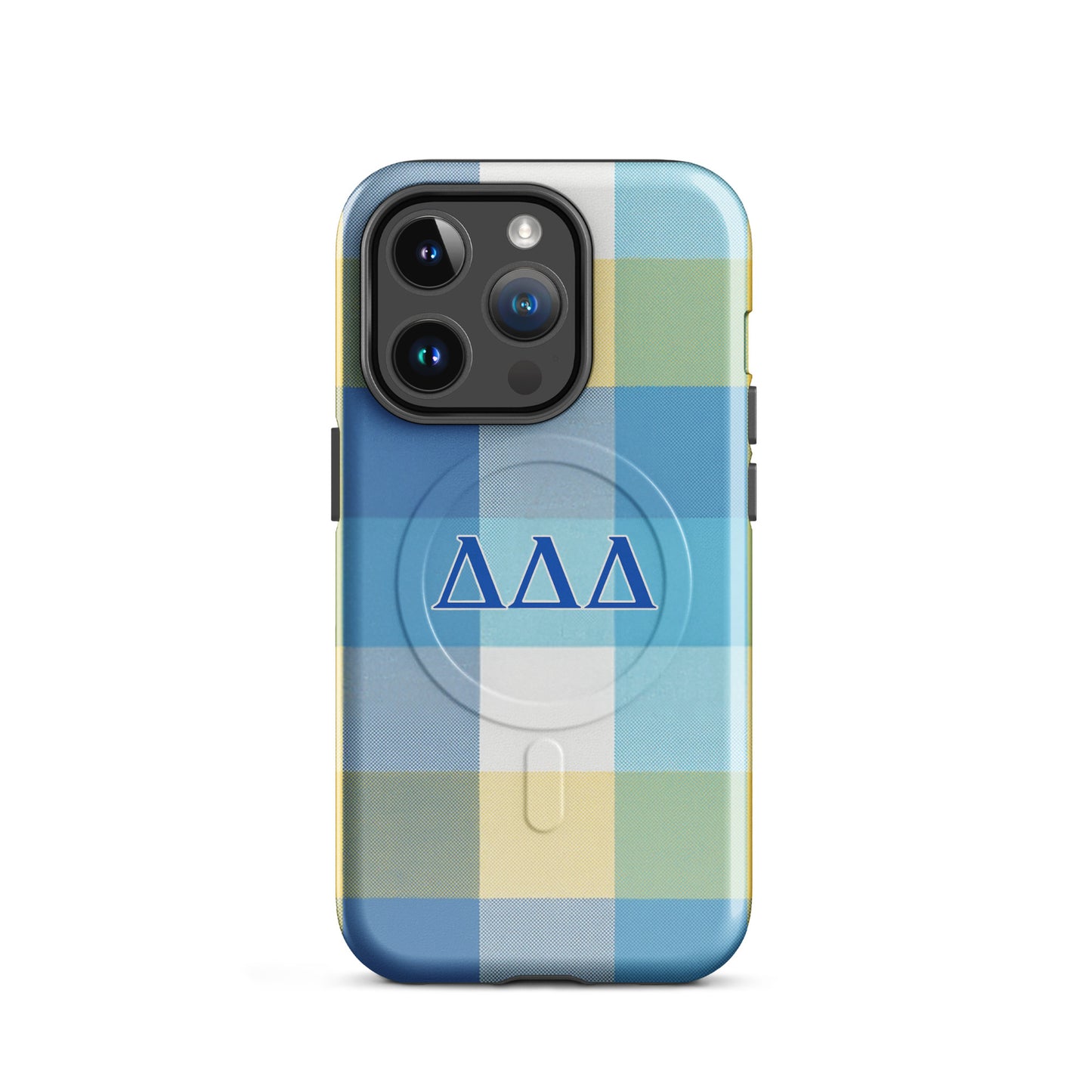 Tri Delta Plaid iPhone 14 Pro case - vibrant Delta Delta Delta gift for bid day, big little reveals, recruitment, or graduation