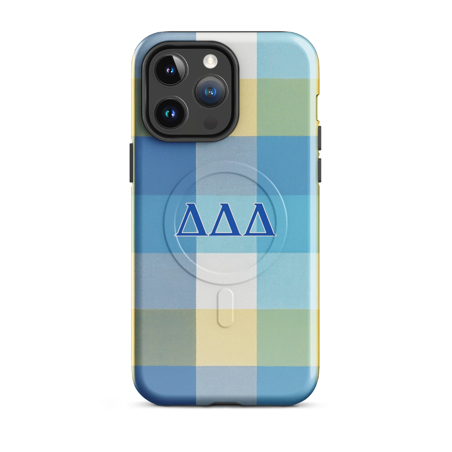 Tri Delta Plaid MagSafe iPhone 14 Pro Max case with bold ΔΔΔ Greek letters on blue and yellow plaid sorority design