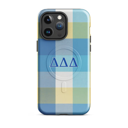 Tri Delta Plaid MagSafe iPhone 14 Pro Max case with bold ΔΔΔ Greek letters on blue and yellow plaid sorority design