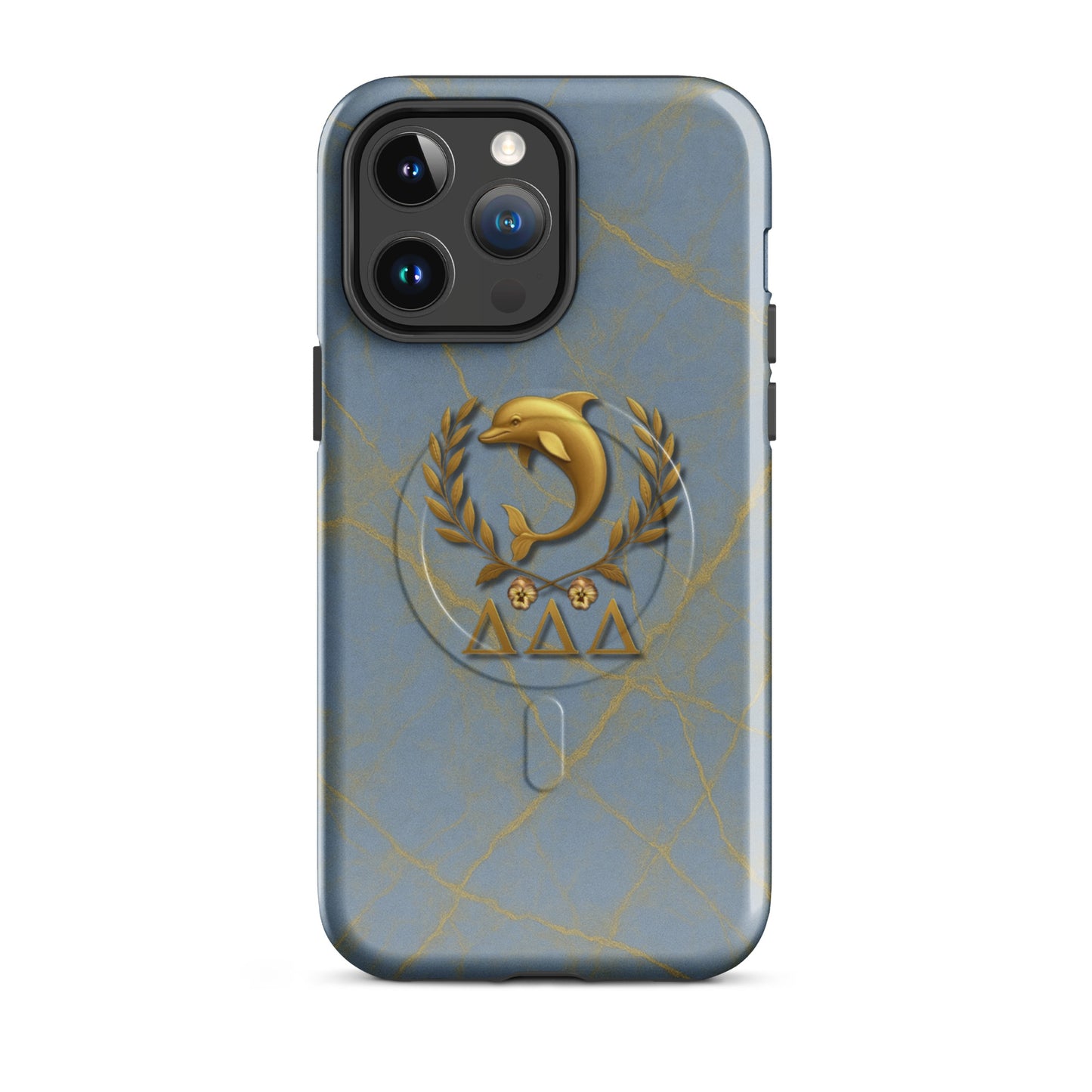 Tri Delt sorority iPhone 14 Pro Max MagSafe case with the golden dolphin crest and pansies - honoring the timeless traditions of Delta Delta Delta sisterhood