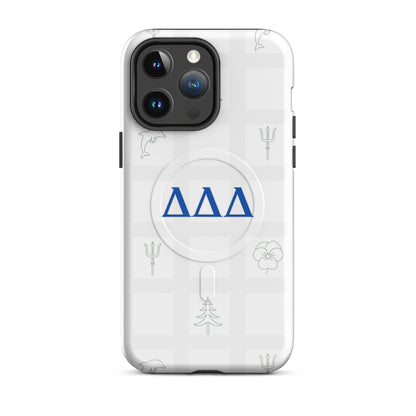 Delta Delta Delta Subtle Symbol iPhone 14 Pro Max MagSafe case with blue DDD letters, dolphin, trident, pansy, and pine on white checkered design