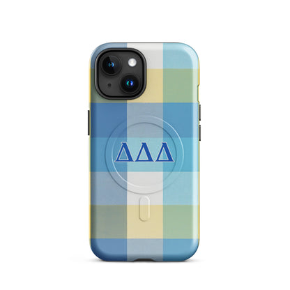 Blue and yellow plaid Tri Delta iPhone 15 phone case with DDD Greek letters and MagSafe charging compatibility