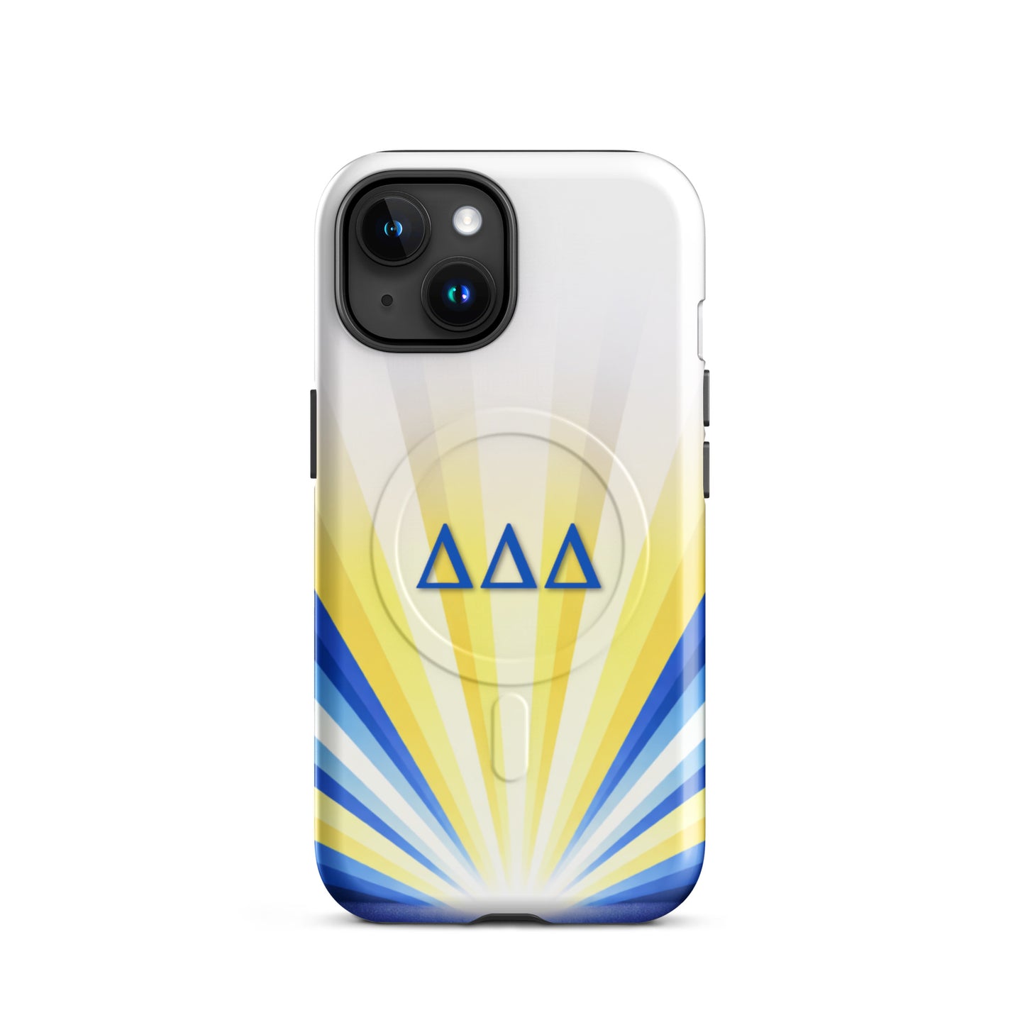 Delta Delta Delta Radiant Sunburst MagSafe case for iPhone 15 in white and yellow with blue DDD Greek letters and sunburst design