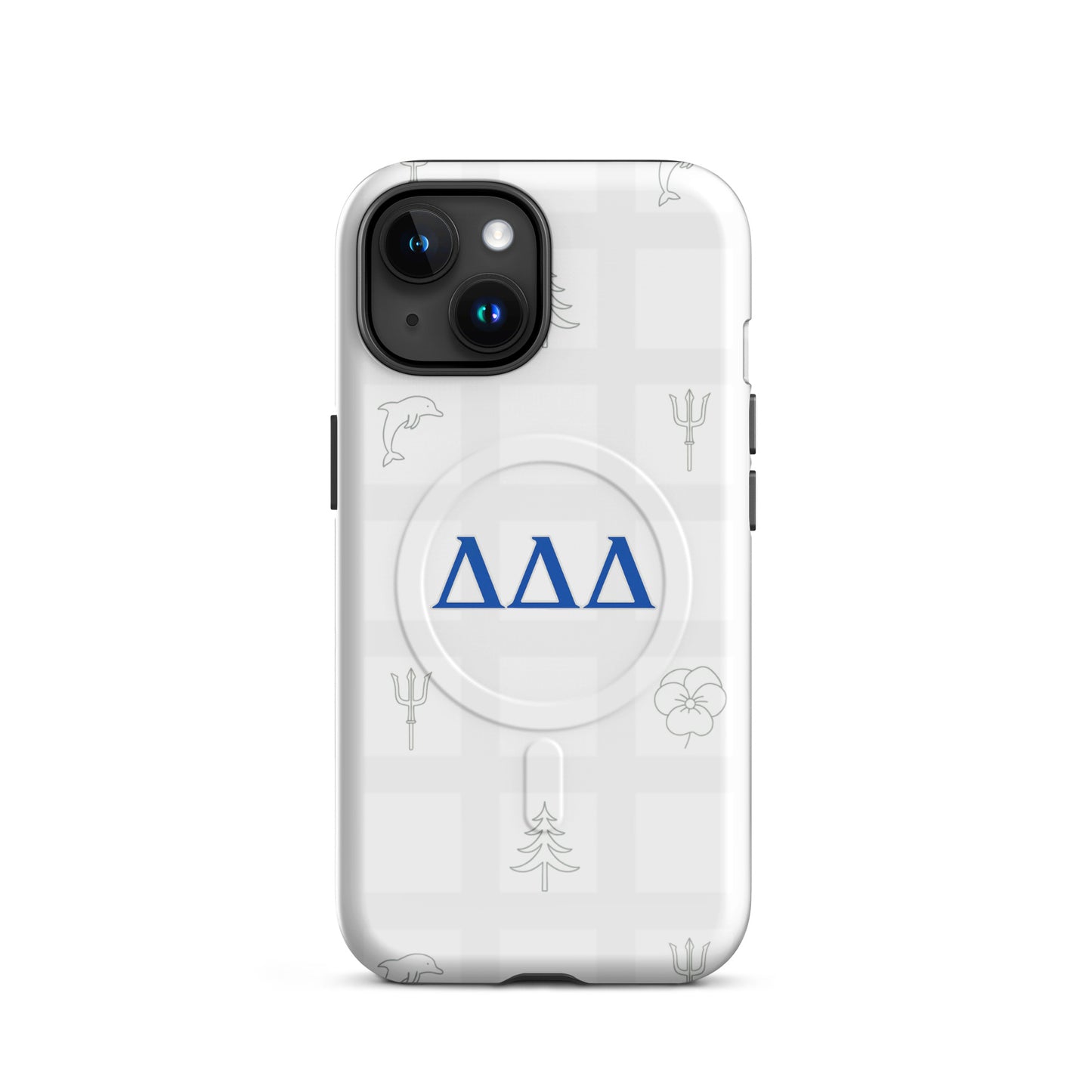 Delta Delta Delta Subtle Symbol iPhone 15 MagSafe case with blue DDD letters, dolphin, trident, pansy, and pine on white checkered design