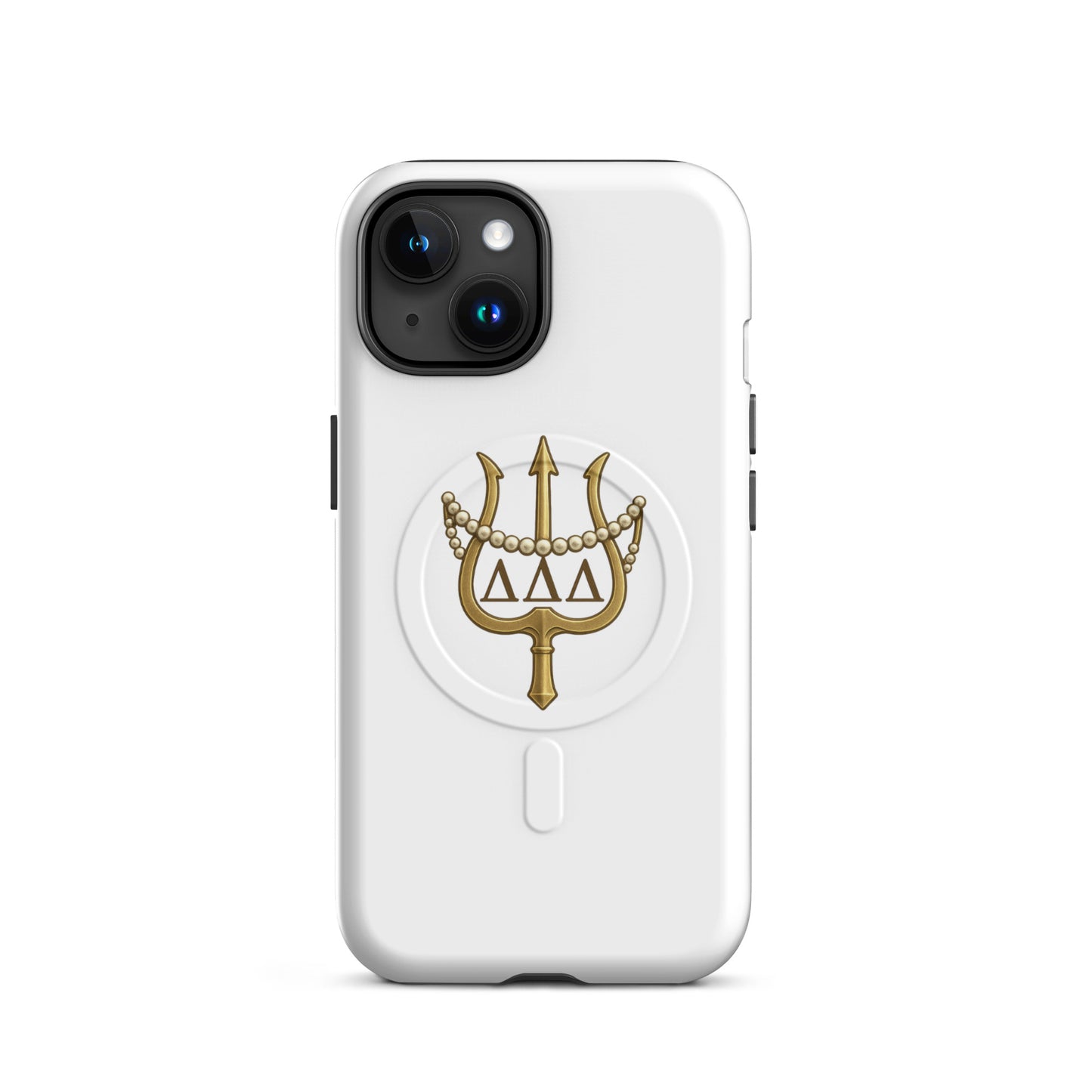 Tri Delta Trident and Pearls iPhone 15 MagSafe case with gold trident, pearls, and ΔΔΔ Greek letters on white sorority design