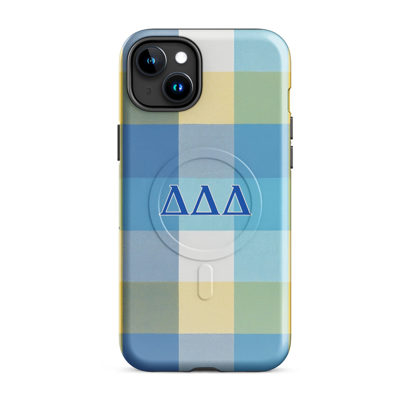 DDD sorority iPhone 15 Plus MagSafe case in signature blue and yellow plaid - perfect for sisters and chapter events