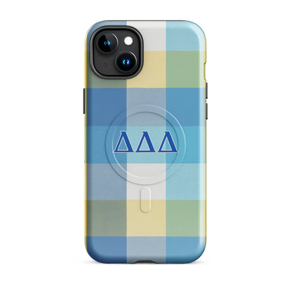 DDD sorority iPhone 15 Plus MagSafe case in signature blue and yellow plaid - perfect for sisters and chapter events