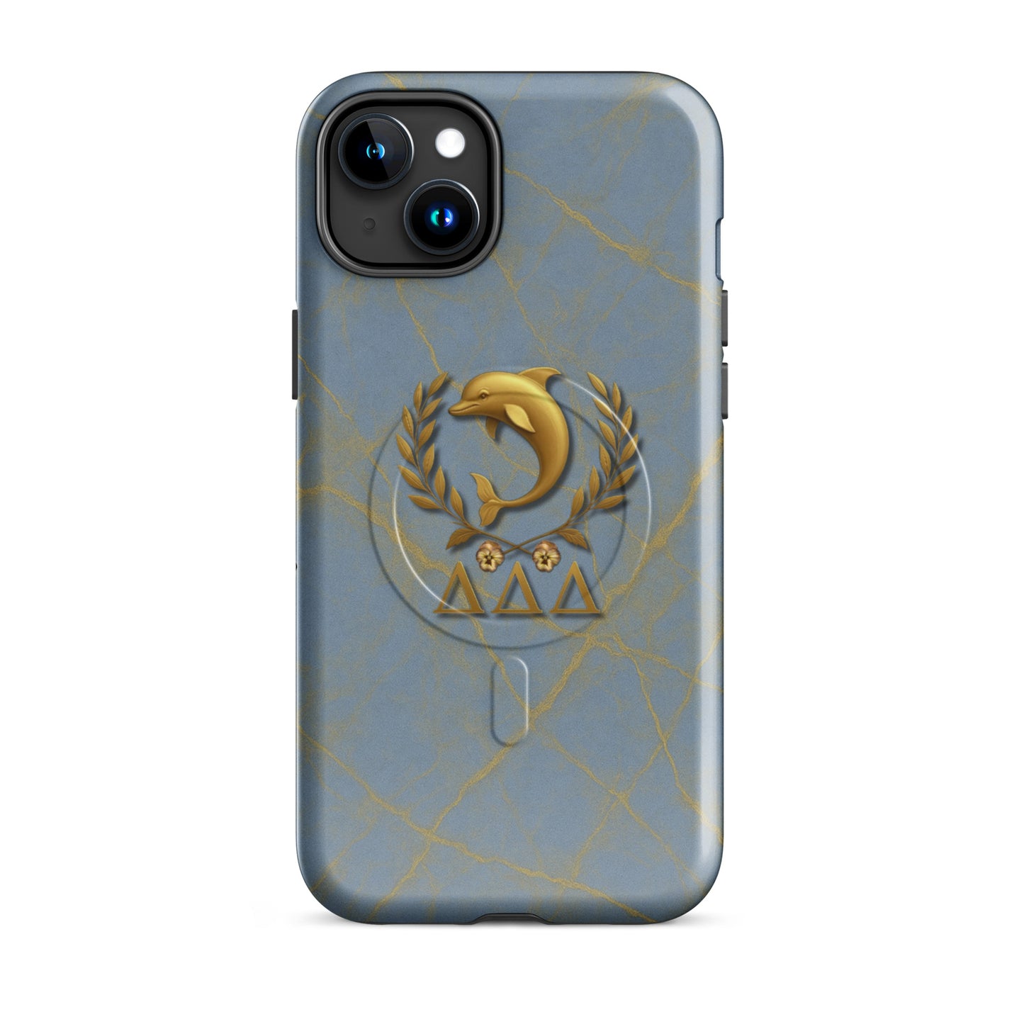 Tri Delta Dolphin and Pansies iPhone 15 Plus case - heirloom-quality Delta Delta Delta gift for bid day, big little reveals, graduation, and alumnae