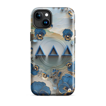 Tri Delt sorority iPhone 15 Plus MagSafe case featuring origami-inspired pansy blossoms and the timeless symbols of Delta Delta Delta sisterhood