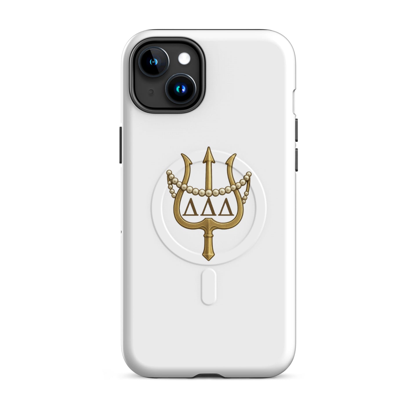 Tri Delt sorority iPhone 15 Plus MagSafe case with classic gold trident and pearls - a refined design honoring Delta Delta Delta tradition