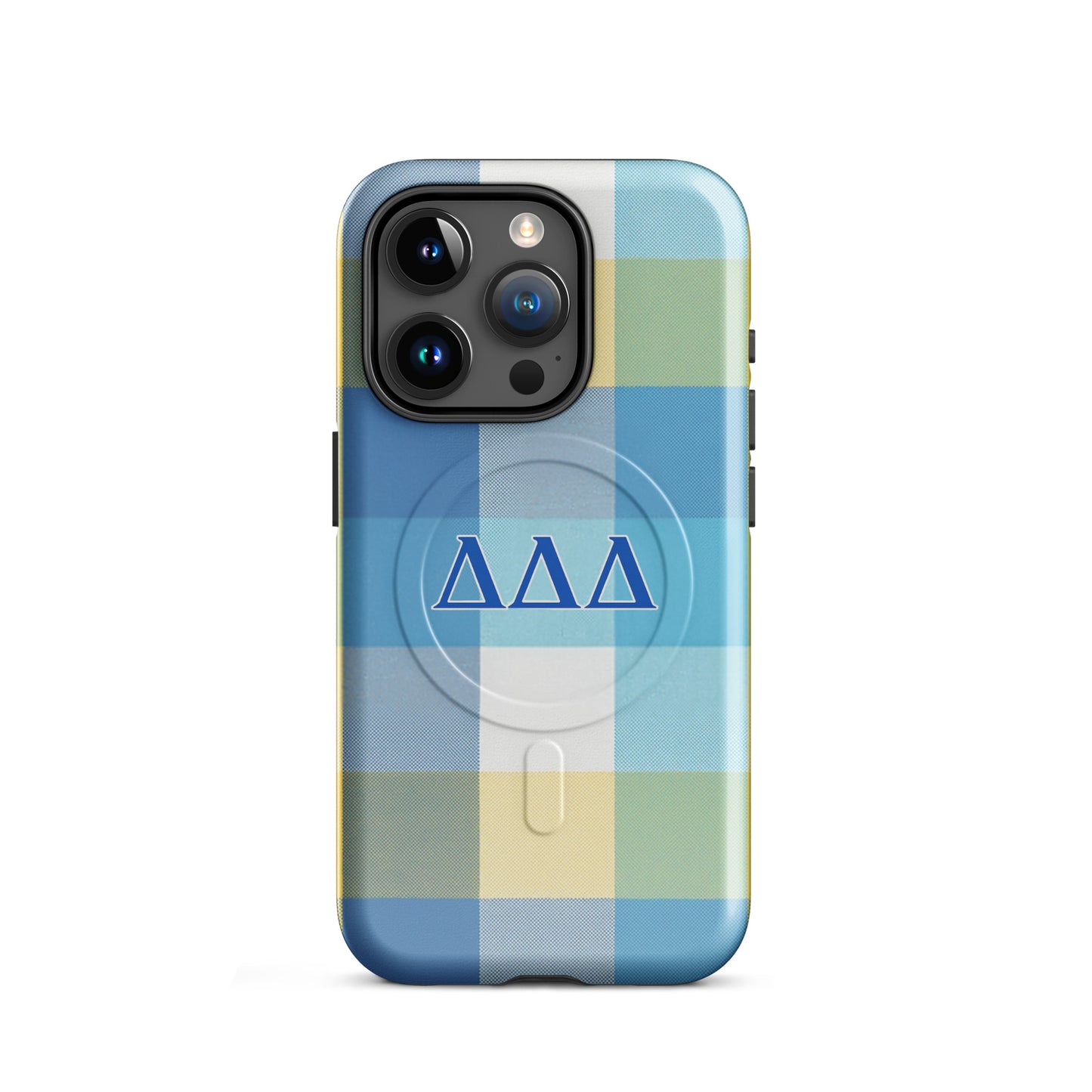 Tri Delta Plaid iPhone 15 Pro case - vibrant Delta Delta Delta gift for bid day, big little reveals, recruitment, or graduation