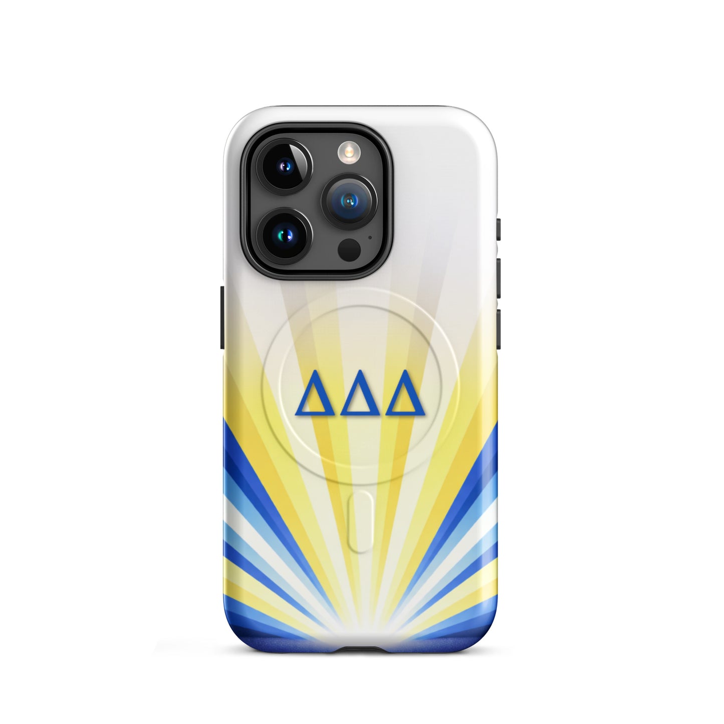 Tri Delta Radiant Sunburst iPhone 15 Pro MagSafe case featuring blue DDD sorority letters on white, yellow and blue