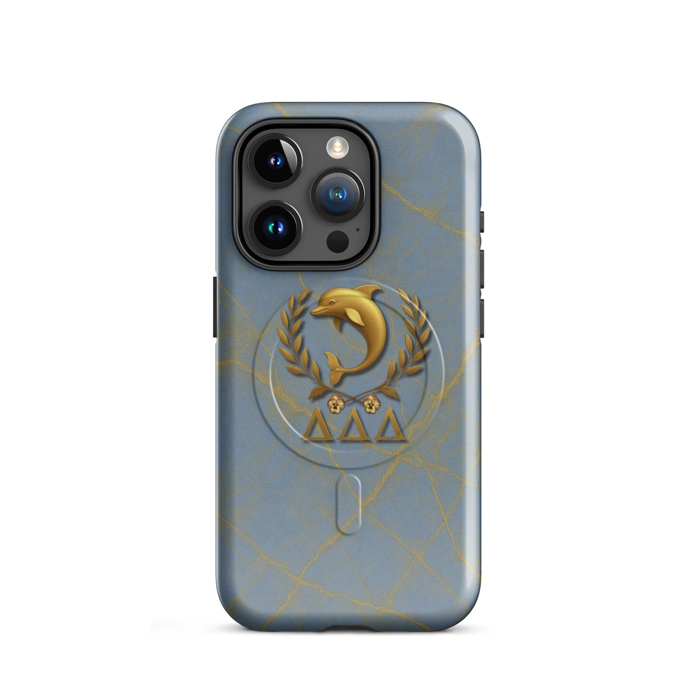 Blue and gold marble Tri Delta iPhone 15 Pro phone case featuring the dolphin, laurel wreath, pansies, and Delta Delta Delta Greek letters with MagSafe charging