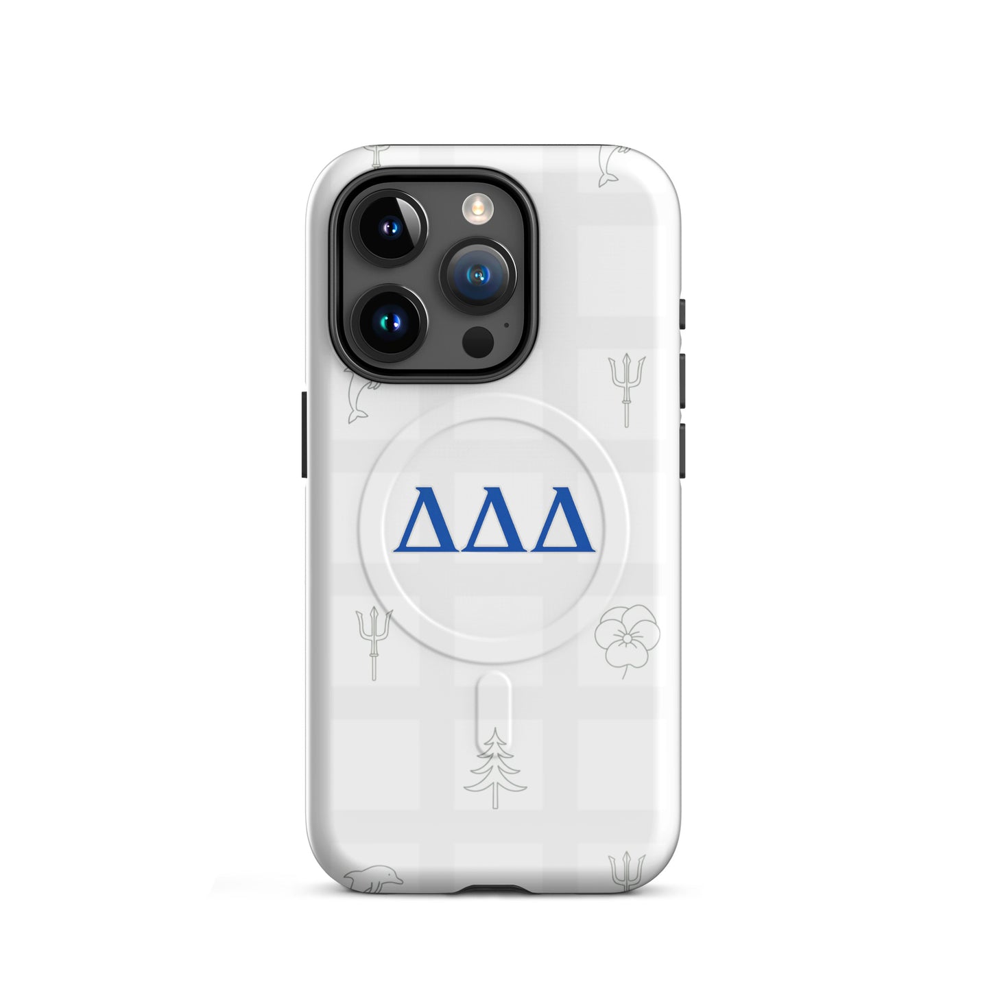DDD sorority iPhone 15 Pro MagSafe case with subtle blue Delta Delta Delta letters and signature Greek symbols