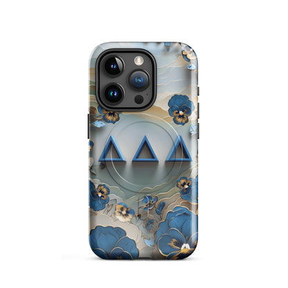 Blue, gold, and cream Origami Pansy Tri Delta iPhone 15 Pro phone case with DDD Greek letters and MagSafe charging compatibility