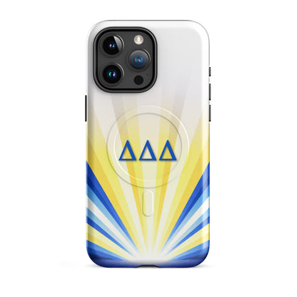 Delta Delta Delta Radiant Sunburst MagSafe case for iPhone 15 Pro Max in white and yellow with blue DDD Greek letters and sunburst design