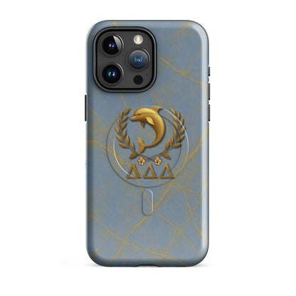 Tri Delta Dolphin and Pansies iPhone 15 Pro Max MagSafe case with gold dolphin in laurel wreath, pansies, and ΔΔΔ Greek letters on blue and gold marble