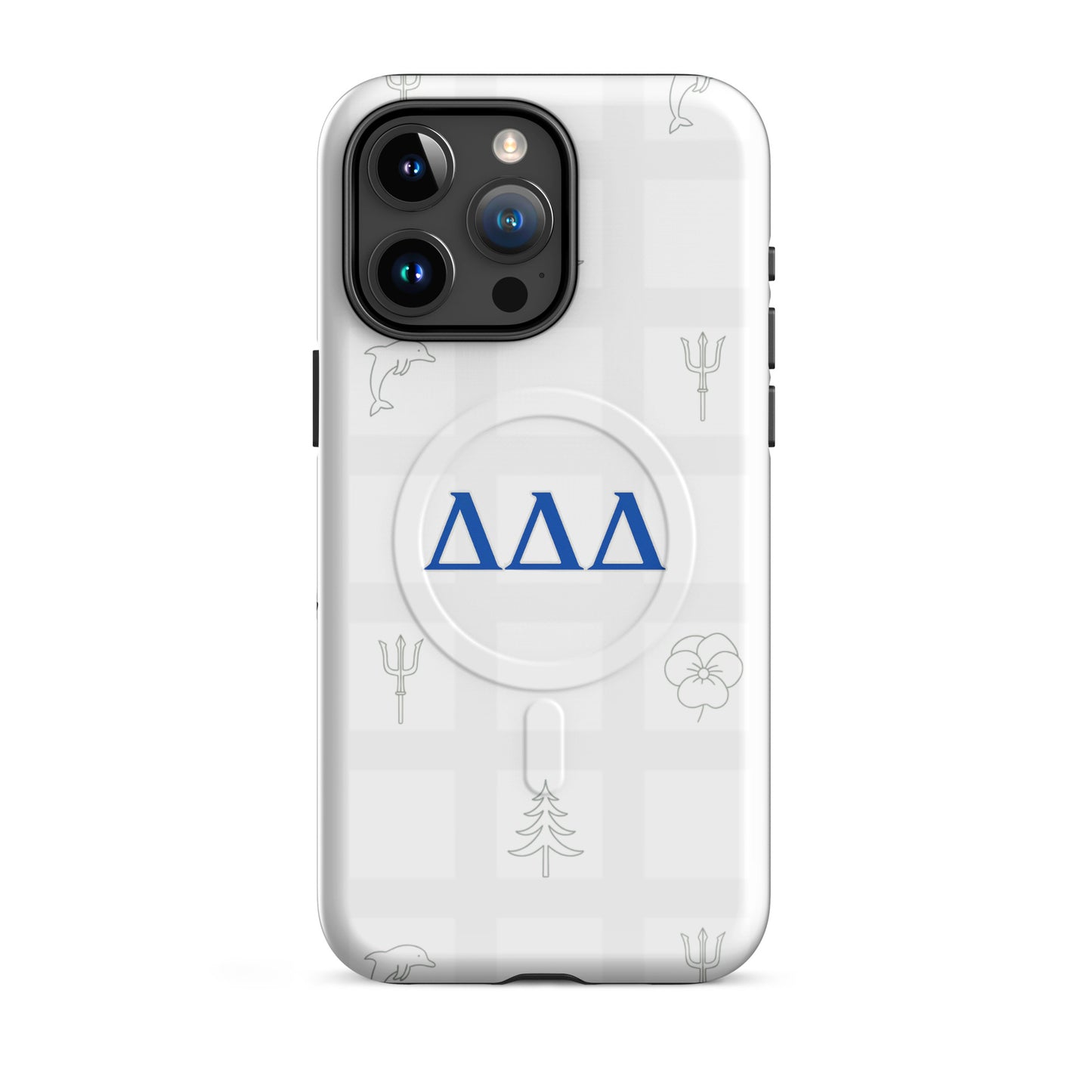 White checkered Tri Delta iPhone15 Pro Max phone case featuring sorority symbols - dolphin, trident, pansy, and pine - with MagSafe charging compatibility