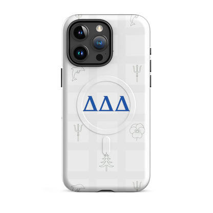 White checkered Tri Delta iPhone15 Pro Max phone case featuring sorority symbols - dolphin, trident, pansy, and pine - with MagSafe charging compatibility