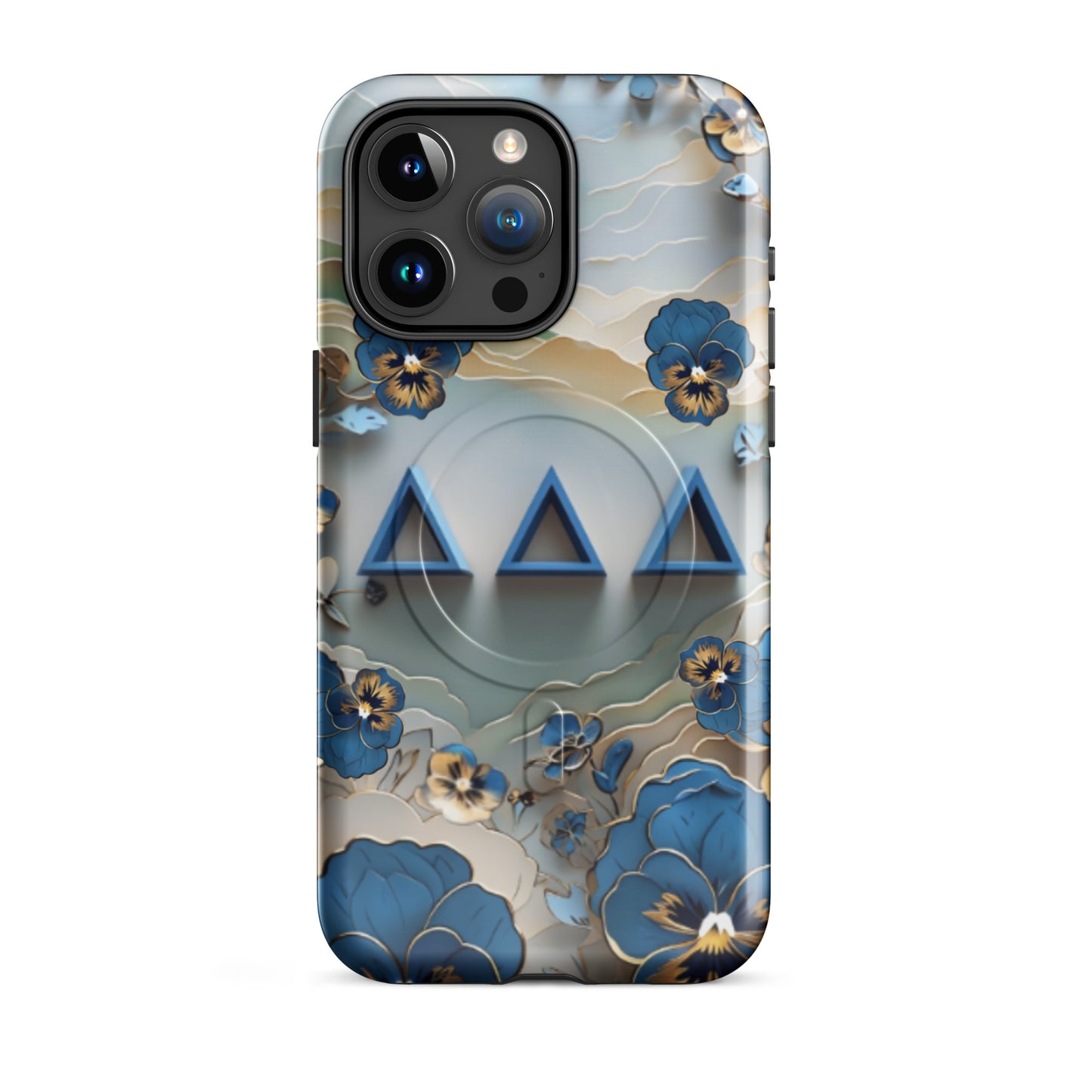 Tri Delta Origami Pansy MagSafe iPhone 15 Pro Max case with bold ΔΔΔ Greek letters surrounded by origami pansy blossoms in blue, gold, and cream