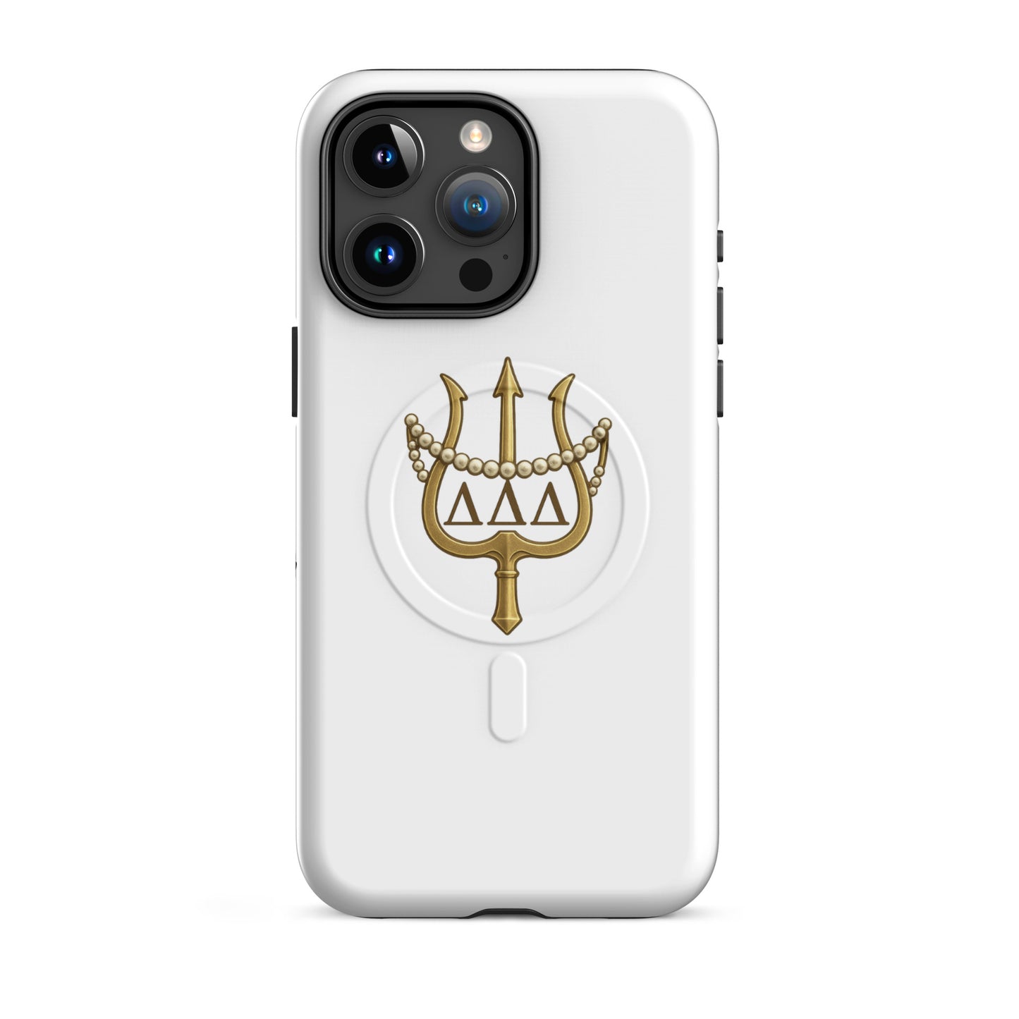Tri Delt sorority iPhone 15 Pro Max MagSafe case with classic gold trident and pearls - a refined design honoring Delta Delta Delta tradition