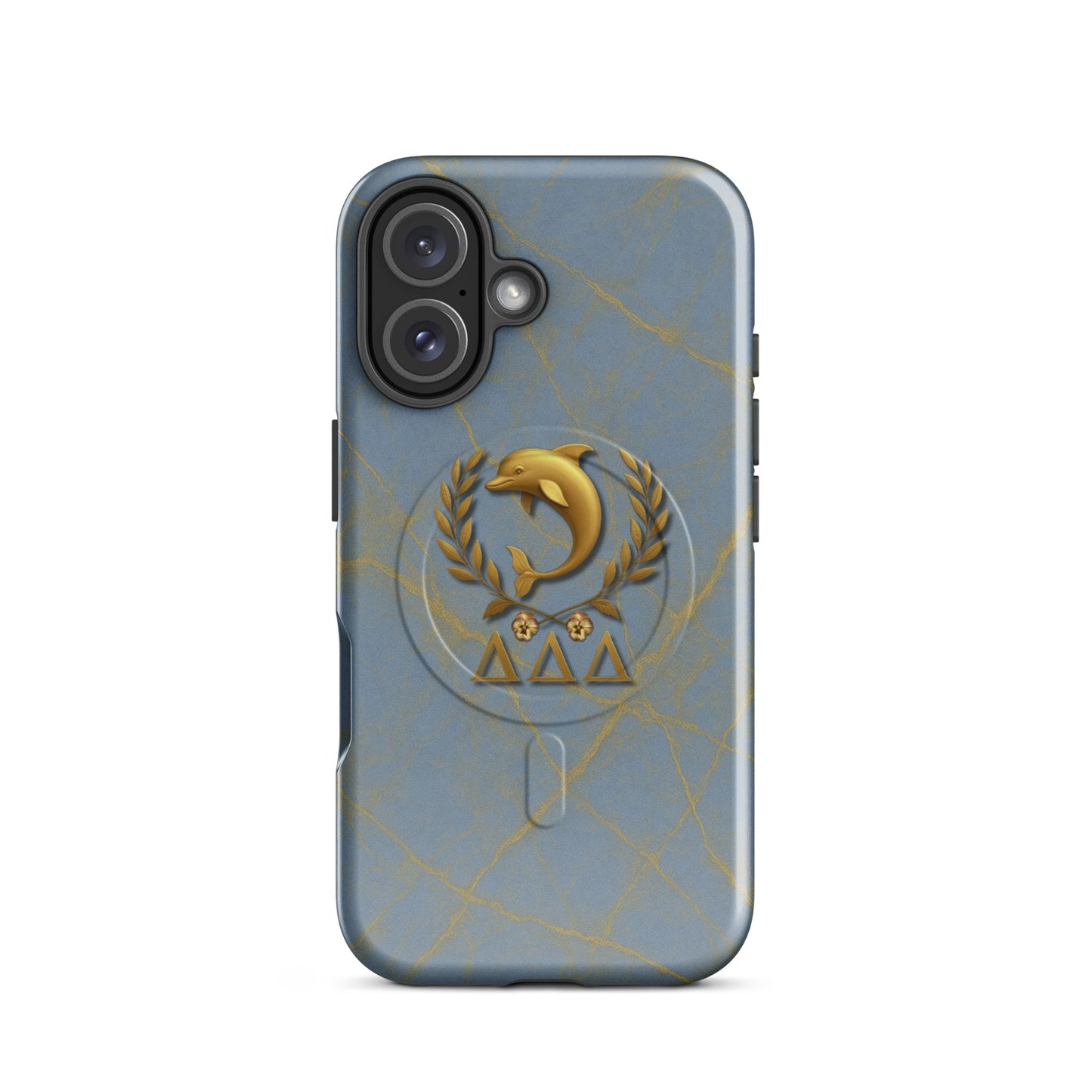 Tri Delta Dolphin and Pansies iPhone 16 MagSafe case with gold dolphin in laurel wreath, pansies, and ΔΔΔ Greek letters on blue and gold marble
