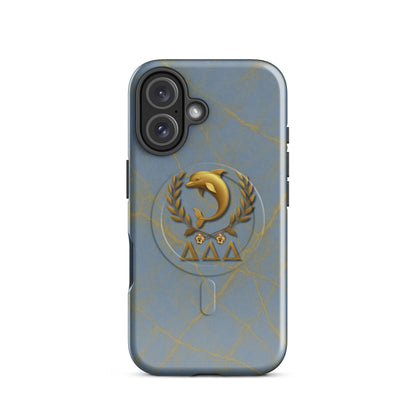 Tri Delta Dolphin and Pansies iPhone 16 MagSafe case with gold dolphin in laurel wreath, pansies, and ΔΔΔ Greek letters on blue and gold marble
