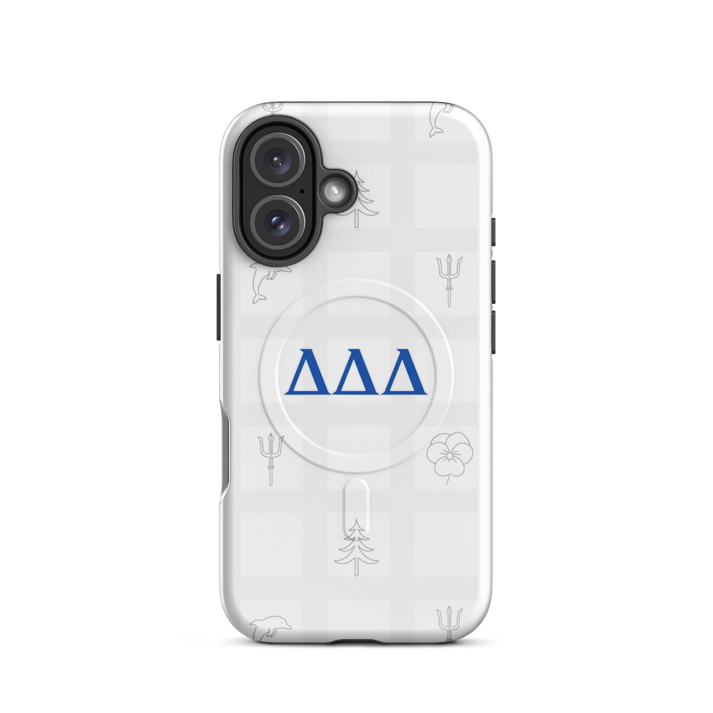 White checkered Tri Delta iPhone 16 phone case featuring sorority symbols - dolphin, trident, pansy, and pine - with MagSafe charging compatibility