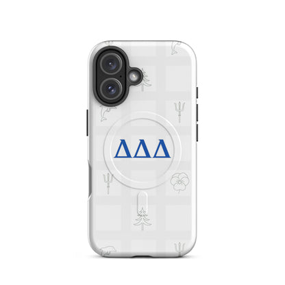 White checkered Tri Delta iPhone 16 phone case featuring sorority symbols - dolphin, trident, pansy, and pine - with MagSafe charging compatibility