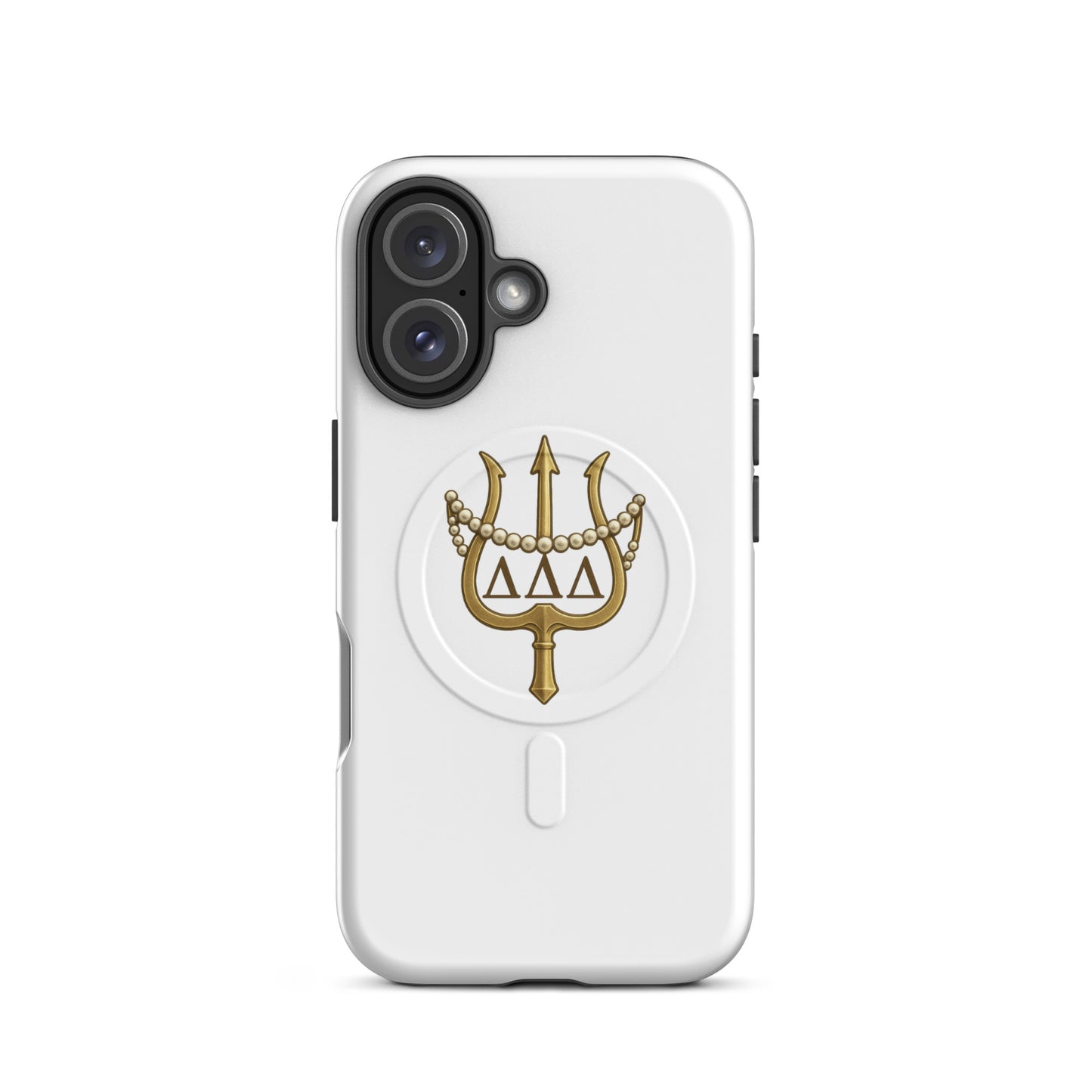 Tri Delta Trident and Pearls iPhone 16 MagSafe case with gold trident, pearls, and ΔΔΔ Greek letters on white sorority design